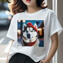 シベリアンハスキー Tシャツ レディース 犬ファン 半袖 春夏 犬柄 プリント カジュアル かわいい 人間用 個性派 ここだけのデザイン 面白 帽子 シベリアンハスキー 冬 雪(4)