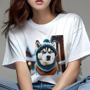 シベリアンハスキー Tシャツ レディース 犬ファン 半袖 春夏 犬柄 プリント カジュアル かわいい 人間用 個性派 ここだけのデザイン 面白 ニット帽 シベリアンハスキー マフラー 冬 雪(4)