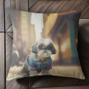 サングラス シーズー ジャケット 都市 クッションカバー 45×45cm アニマル柄 おしゃれ 可愛い クッション本体付き 正方形 犬ファン