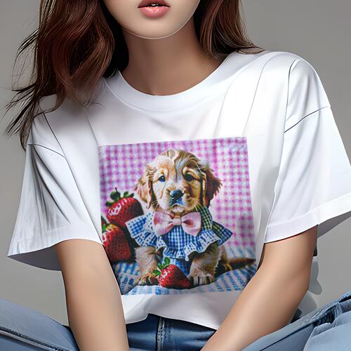 ゴールデンレトリバー Tシャツ レディース 犬ファン 半袖 春夏 犬柄 プリント カジュアル かわいい 人間用 個性派 ここだけのデザイン 面白 イチゴ ゴールデンレトリバー リボン