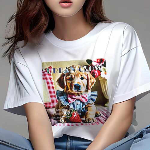 ゴールデンレトリバー Tシャツ レディース 犬ファン 半袖 春夏 犬柄 プリント カジュアル かわいい 人間用 個性派 ここだけのデザイン 面白 蝶ネクタイ ゴールデンレトリバー シャツ いちご 花柄