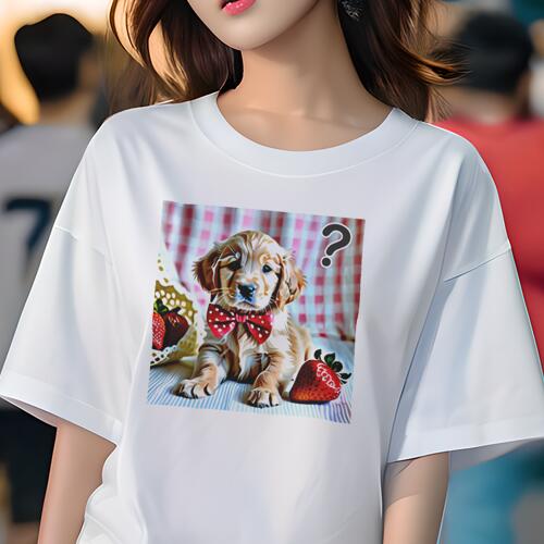 ゴールデンレトリバー Tシャツ レディース 犬ファン 半袖 春夏 犬柄 プリント カジュアル かわいい 人間用 個性派 ここだけのデザイン 面白 イチゴ ゴールデンレトリバー 蝶ネクタイ チェック柄