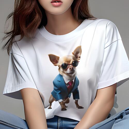 チワワ Tシャツ レディース 犬ファン 半袖 春夏 犬柄 プリント カジュアル かわいい 人間用 個性派 ここだけのデザイン 面白 スーツ チワワ ネクタイ サングラス(4)