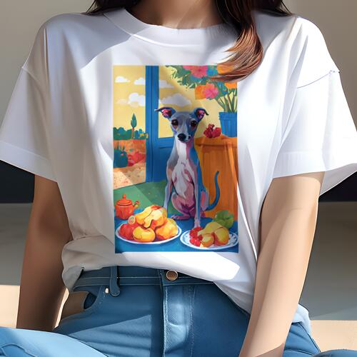 イタリアングレーハウンド Tシャツ レディース 犬ファン 半袖 春夏 犬柄 プリント カジュアル かわいい 人間用 個性派 ここだけのデザイン 面白 花 イタリアングレーハウンド 果物 ティーポット 窓