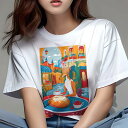 Tシャツ レディース 犬ファン 半袖 春夏 犬柄 プリント カジュアル かわいい 人間用 個性派 ここだけのデザイン 面白 パン コーヒー 街並み カフェ