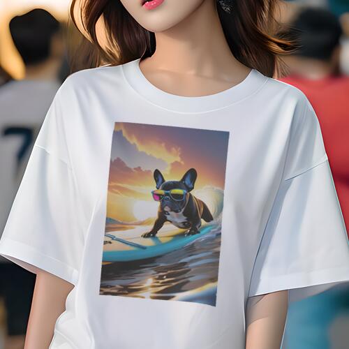 フレンチブルドッグ Tシャツ レディース 犬ファン 半袖 春夏 犬柄 プリント カジュアル かわいい 人間用 個性派 ここだけのデザイン 面白 サーフィン フレンチブルドッグ 海 波 太陽