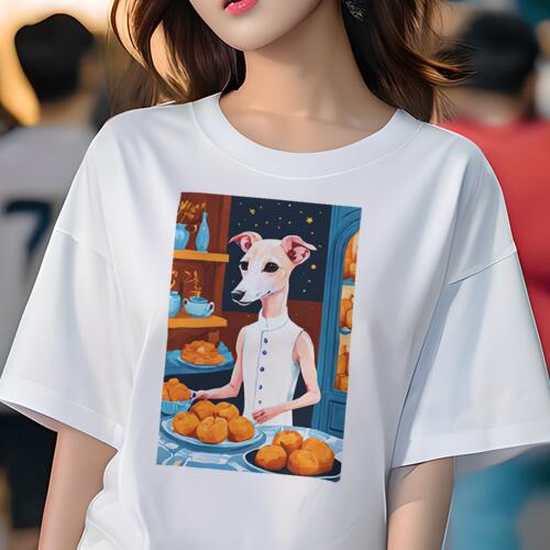イタリアングレーハウンド Tシャツ レディース 犬ファン 半袖 春夏 犬柄 プリント カジュアル かわいい 人間用 個性派 ここだけのデザイン 面白 パン イタリアングレーハウンド 皿 キッチン レストラン