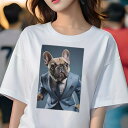 フレンチブルドッグ Tシャツ レディース 犬ファン 半袖 春夏 犬柄 プリント カジュアル かわいい 人間用 個性派 ここだけのデザイン 面白 スーツ フレンチブルドッグ ネクタイ ポケットチーフ