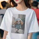 キャバリア Tシャツ レディース 犬ファン 半袖 春夏 犬柄 プリント カジュアル かわいい 人間用 個性派 ここだけのデザイン 面白 雨 キャバリア 傘 レイ...