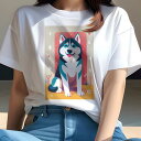 シベリアンハスキー Tシャツ レディース 犬ファン 半袖 春夏 犬柄 プリント カジュアル かわいい 人間用 個性派 ここだけのデザイン 面白 背景 シベリアンハスキー 花 植物