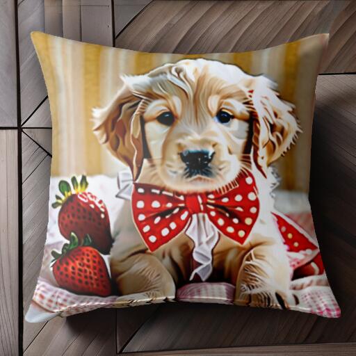 イチゴ ゴールデンレトリバー 赤い蝶ネクタイ チェック柄 クッションカバー 45×45cm アニマル柄 おしゃれ 可愛い クッション本体付き 正方形 犬ファン