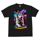 シベリアンハスキー Tシャツ メンズ キッズ 犬ファン 半袖 春夏 犬柄 プリント カジュアル かわいい 人間用 個性派 ここだけのデザイン 面白 ヘッドホン シベリアンハスキー DJミキサー ネオンライト
