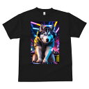 シベリアンハスキー Tシャツ メンズ キッズ 犬ファン 半袖 春夏 犬柄 プリント カジュアル かわいい 人間用 個性派 ここだけのデザイン 面白 ヘッドホン シベリアンハスキー DJ ネオン