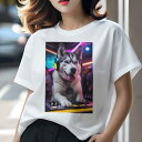 シベリアンハスキー Tシャツ レディース 犬ファン 半袖 春夏 犬柄 プリント カジュアル かわいい 人間用 個性派 ここだけのデザイン 面白 ヘッドホン シベリアンハスキー DJミキサー ネオンライト