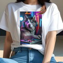 シベリアンハスキー Tシャツ レディース 犬ファン 半袖 春夏 犬柄 プリント カジュアル かわいい 人間用 個性派 ここだけのデザイン 面白 ヘッドホン シベリアンハスキー DJ ミキサー ネオン