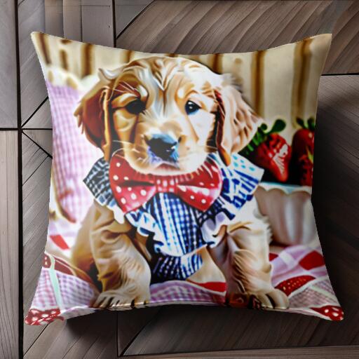 イチゴ ゴールデンレトリバー 蝶ネクタイ チェック柄 クッションカバー 45×45cm アニマル柄 おしゃれ 可愛い クッション本体付き 正方形 犬ファン