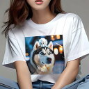シベリアンハスキー Tシャツ レディース 犬ファン 半袖 春夏 犬柄 プリント カジュアル かわいい 人間用 個性派 ここだけのデザイン 面白 冬 シベリアンハスキー 雪 帽子