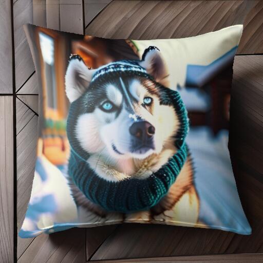 雪 シベリアンハスキー 冬 ニット帽 マフラー クッションカバー 45×45cm アニマル柄 おしゃれ 可愛い クッション本体付き 正方形 犬ファン