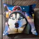 冬 シベリアンハスキー 雪 帽子 クリスマス クッションカバー 45×45cm アニマル柄 おしゃれ 可愛い クッション本体付き 正方形 犬ファン