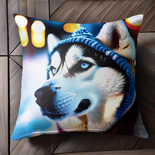 ニット帽 シベリアンハスキー 冬 雪 クッションカバー 45×45cm アニマル柄 おしゃれ 可愛い クッション..