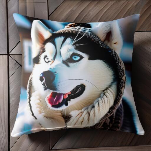 ニット帽 シベリアンハスキー 冬 クッションカバー 45×45cm アニマル柄 おしゃれ 可愛い クッション本体付き 正方形 犬ファン