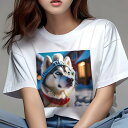 シベリアンハスキー Tシャツ レディース 犬ファン 半袖 春夏 犬柄 プリント カジュアル かわいい 人間用 個性派 ここだけのデザイン 面白 帽子 シベリアンハスキー 雪 冬 ニット