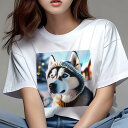シベリアンハスキー Tシャツ レディース 犬ファン 半袖 春夏 犬柄 プリント カジュアル かわいい 人間用 個性派 ここだけのデザイン 面白 冬 シベリアンハスキー 雪 帽子 スカーフ