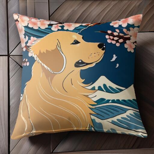 桜 ゴールデンレトリバー 波 日本画 クッションカバー 45×45cm アニマル柄 おしゃれ 可愛い クッション..