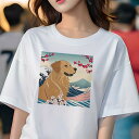 ゴールデンレトリバー Tシャツ レディース 犬ファン 半袖 春夏 犬柄 プリント カジュアル かわいい 人間用 個性派 ここだけのデザイン 面白 波 ゴールデンレトリバー 花 和風 日本画