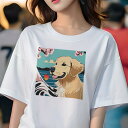 ゴールデンレトリバー Tシャツ レディース 犬ファン 半袖 春夏 犬柄 プリント カジュアル かわいい 人間用 個性派 ここだけのデザイン 面白 桜 ゴールデンレトリバー 海 山