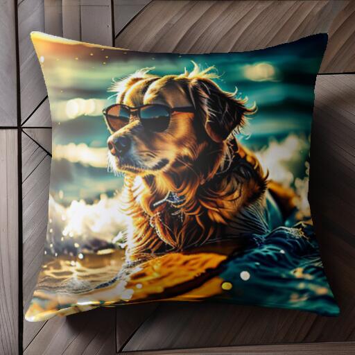 サングラス ゴールデンレトリバー 海 波 夏 クッションカバー 45×45cm アニマル柄 おしゃれ 可愛い クッション本体付き 正方形 犬ファン