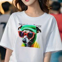 ミックス犬 Tシャツ レディース 犬ファン 半袖 春夏 犬柄 プリント カジュアル かわいい 人間用 個性派 ここだけのデザイン 面白 サングラス ミックス犬 帽子