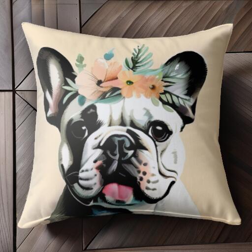 花 フレンチブルドッグ 花輪 クッションカバー 45×45cm アニマル柄 おしゃれ 可愛い クッション本体付..
