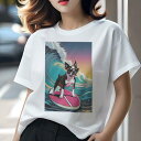 ボストンテリア Tシャツ レディース 犬ファン 半袖 春夏 犬柄 プリント カジュアル かわいい 人間用 個性派 ここだけのデザイン 面白 波 ボストンテリア ...