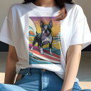 ボストンテリア Tシャツ レディース 犬ファン 半袖 春夏 犬柄 プリント カジュアル かわいい 人間用 個性派 ここだけのデザイン 面白 波 ボストンテリア ...