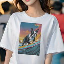 ボストンテリア Tシャツ レディース 犬ファン 半袖 春夏 犬柄 プリント カジュアル かわいい 人間用 個性派 ここだけのデザイン 面白 波 ボストンテリア ...