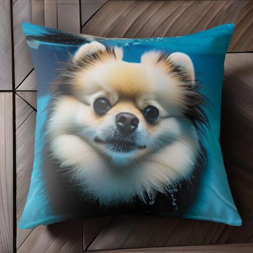 水 ポメラニアン 水中 クッションカバー 45×45cm アニマル柄 おしゃれ 可愛い クッション本体付き 正方形 犬ファン