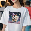 チャウチャウ Tシャツ レディース 犬ファン 半袖 春夏 犬柄 プリント カジュアル かわいい 人間用 個性派 ここだけのデザイン 面白 魔法使いの帽子 チャウチャウ 星 ハート 雲