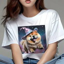 チャウチャウ Tシャツ レディース 犬ファン 半袖 春夏 犬柄 プリント カジュアル かわいい 人間用 個性派 ここだけのデザイン 面白 帽子 チャウチャウ 星 雲 夜空
