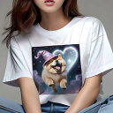 チャウチャウ Tシャツ レディース 犬ファン 半袖 春夏 犬柄 プリント カジュアル かわいい 人間用 個性派 ここだけのデザイン 面白 魔法使いの帽子 チャウチャウ 星 ハート 雲