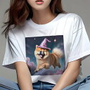秋田犬 Tシャツ レディース 犬ファン 半袖 春夏 犬柄 プリント カジュアル かわいい 人間用 個性派 ここだけのデザイン 面白 魔法使いの帽子 秋田犬 星 雲