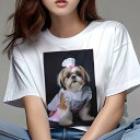 シーズー Tシャツ レディース 犬ファン 半袖 春夏 犬柄 プリント カジュアル かわいい 人間用 個性派 ここだけのデザイン 面白 メイド服 シーズー 帽子 ピンクのリボン
