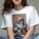 シーズー Tシャツ レディース 犬ファン 半袖 春夏 犬柄 プリント カジュアル かわいい 人間用 個性派 ここだけのデザイン 面白 メイド服 シーズー 帽子 リボン