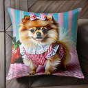 イチゴ ポメラニアン リボン チェック柄 ワンピース クッションカバー 45×45cm アニマル柄 おしゃれ 可愛い クッション本体付き 正方形 犬ファン