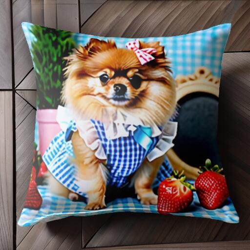 イチゴ ポメラニアン ギンガムチェック リボン 植木鉢 クッションカバー 45×45cm アニマル柄 おしゃれ ..