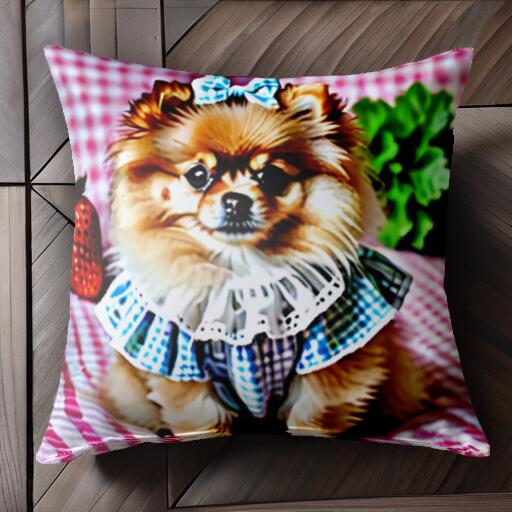 いちご ポメラニアン チェック柄 リボン クッションカバー 45×45cm アニマル柄 おしゃれ 可愛い クッション本体付き 正方形 犬ファン