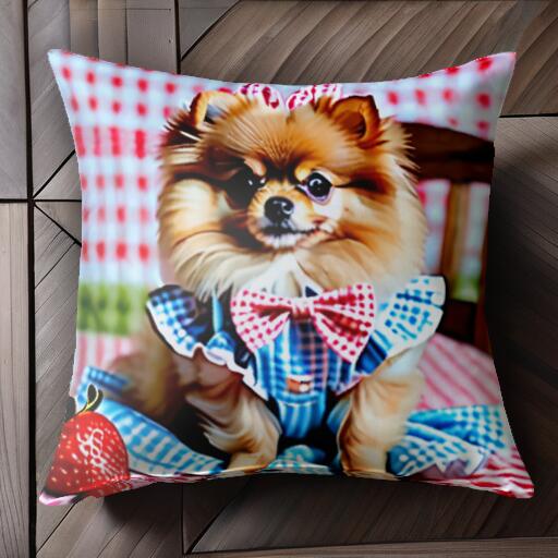 イチゴ ポメラニアン チェック柄 リボン クッションカバー 45×45cm アニマル柄 おしゃれ 可愛い クッション本体付き 正方形 犬ファン