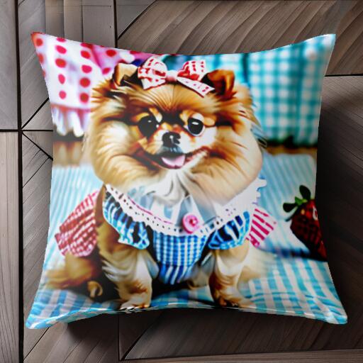 リボン ポメラニアン いちご チェック柄 ワンピース クッションカバー 45×45cm アニマル柄 おしゃれ 可愛い クッション本体付き 正方形 犬ファン