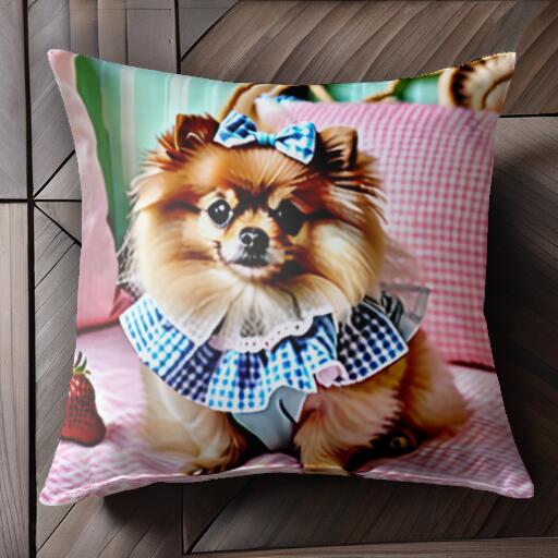 リボン ポメラニアン いちご ギンガムチェック クッションカバー 45×45cm アニマル柄 おしゃれ 可愛い クッション本体付き 正方形 犬ファン