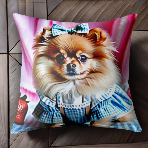 リボン ポメラニアン ストロベリー ワンピース チェック柄 クッションカバー 45×45cm アニマル柄 おしゃれ 可愛い クッション本体付き 正方形 犬ファン